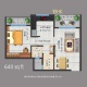 1 BHK Flats Floor Plan - Super Built-Up Area - 640 sq ft