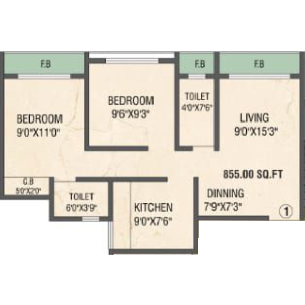 2 BHK Flats Floor Plan - Carpet Area : 855  Sq.ft